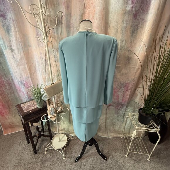 VTG📌 Afterdark Evening - MOB Crystal Sea Green Chiffon Dress Long Sleeves - Picture 2 of 16